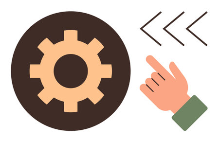 Gear wheel with hand pointing to directional arrows indicating configuration, execution, and choices. Ideal for settings, interaction, action, process, productivity, decision-making simple flatのイラスト素材
