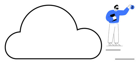 Man interacting with a cloud shape, placing a coin symbol, holding documents. Ideal for cloud computing, data storage, digital security, financial transactions, software services, backups simpleのイラスト素材