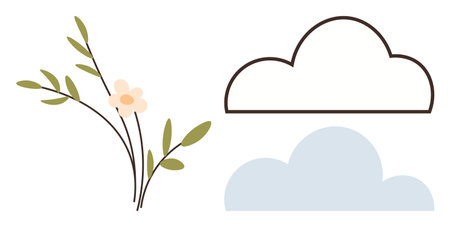 Delicate floral branch with soft petals paired with outlined and filled cloud shapes. Ideal for nature, serenity, minimalism, weather, eco-design, mindfulness, peaceful environments. A simple flatのイラスト素材