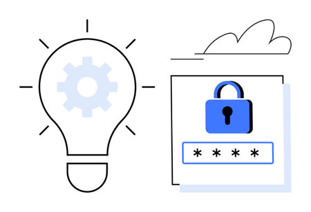 Lightbulb with gear symbolizing creativity, innovation next to locked password box representing data security, privacy. Ideal for technology, cybersecurity, innovation, brainstorming, privacyのイラスト素材