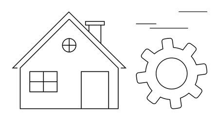House outline paired with a gear, symbolizing concepts thumbs up technology, home innovation, engineering, real estate, process improvement, energy efficiency, and teamwork. Minimalist flat metaphorのイラスト素材