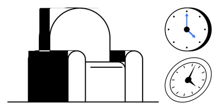 Minimalistic armchair beside two clocks showing different times. Ideal for time management, productivity, comfort, relaxation, work-life balance, planning, and minimalism. Simple flat metaphorのイラスト素材