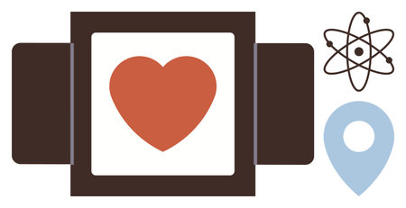 Central heart inside a rectangular frame, atom symbol representing science, geolocation pin symbolizing location. Ideal for health, love, technology, science, geography data innovation. Simple flatのイラスト素材