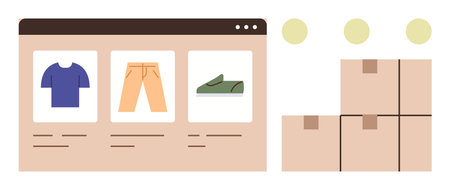Online store interface displaying shirt, pants, and sneakers with delivery boxes. Ideal for e-commerce, retail, online shopping, logistics, inventory management, order fulfillment simple flatのイラスト素材