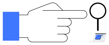 Hand reaching towards magnifying glass and laptop screen suggesting search, research, investigation, and exploration. Ideal for technology, innovation, learning, inquiry, marketing navigationのイラスト素材