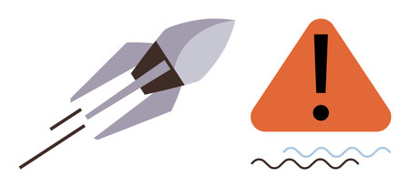 Rocket speeding forward with orange alert sign featuring exclamation and wavy line. Ideal for innovation, risk management, progress, exploration, warning, caution, space travel. Simple flat metaphorのイラスト素材