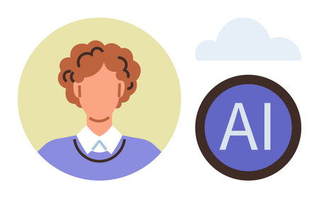 Person with curly hair wearing formal attire beside AI circle symbol and cloud, representing technology, innovation, and connection. Ideal for identity, profile, AI, cloud computing, education techのイラスト素材