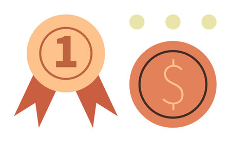 Award ribbon with number one and dollar coin emphasize recognition and monetary reward. Ideal for success, achievement, finance, competition, business excellence, motivation, simple flat metaphorのイラスト素材