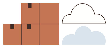 Stacked cardboard boxes next to outlined and filled cloud shapes, representing storage, shipping,...