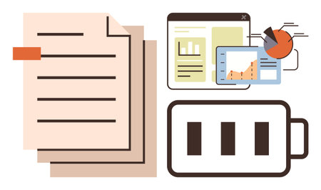 Stacked paper, analytical charts, and battery icon symbolize work completion, data insights, and energy balance. Ideal for productivity, analytics, planning, energy management goal settingのイラスト素材
