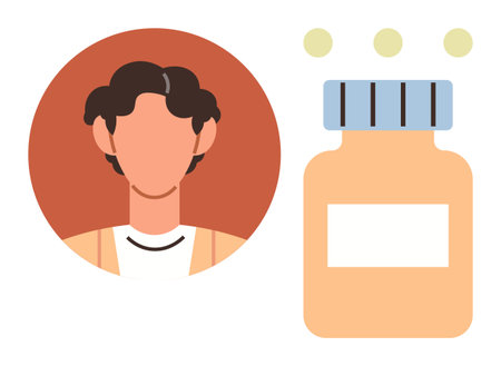 Person with curly hair beside amber medicine bottle with label and pills. Ideal for health, medication, wellness, pharmaceuticals, treatment, medical advice, simple flat metaphorのイラスト素材