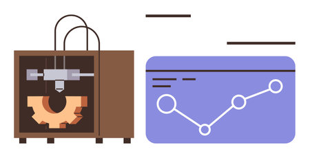 3D printer creating a gear alongside a chart with data points and trends. Ideal for technology, manufacturing, innovation, design, prototyping, data analysis, engineering concepts. Simple flatのイラスト素材