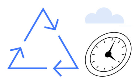 Blue circular arrows forming a triangle, black analog clock with pointed hands, blue cloud overhead. Ideal for sustainability, efficiency, time management, environmental focus, circular economyのイラスト素材