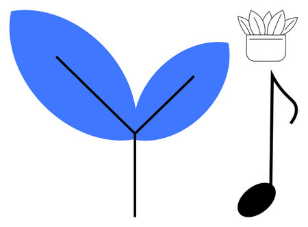 Large blue leaf shape, small black musical note, and outlined plant pot. Ideal for nature, music, growth, creativity, environment inspiration balance. A simple flat metaphorのイラスト素材