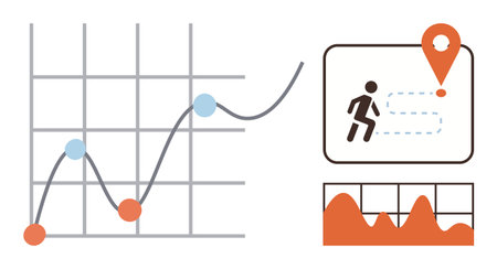 Line graph with data points, athlete icon on dashed path with location pin, and progress chart....