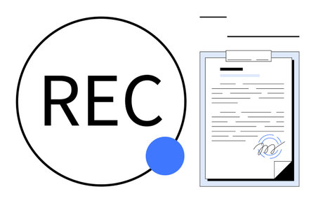 Recording icon beside a signed document with abstract elements. Ideal for authentication, digital agreements, contracts, consent, official forms, compliance, legal operations. Simple flat metaphorのイラスト素材