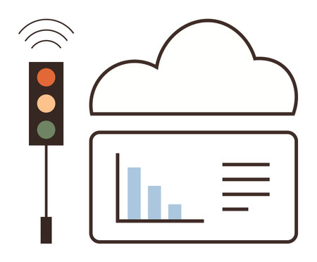 Traffic light with three signals and wireless waves next to cloud storage and a data dashboard. Ideal for technology, analytics, transportation, IoT, connectivity, smart cities, automation. A simpleのイラスト素材