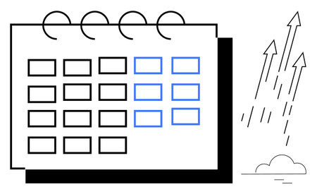 Spiral-bound calendar with highlighted dates next to upward arrows symbolizing growth, planning, and productivity. Ideal for time management, scheduling, goal-setting, performance, successのイラスト素材
