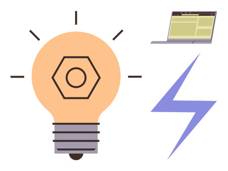 Bright light bulb with central gear, lightning bolt, and open laptop screen convey creativity, technology, energy, and digital productivity. Ideal for innovation, technology, energy creativityのイラスト素材