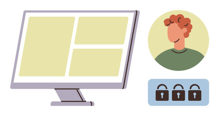 Computer screen displaying content beside a user profile and lock icons, emphasizing online security. Ideal for login, privacy, cybersecurity, user access, data protection, safe browsing, simple flatのイラスト素材