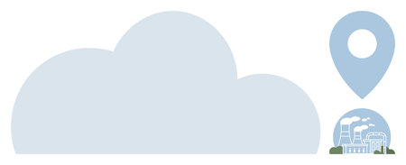 Blue cloud alongside map pin featuring industrial plant and smoke, emphasizing pollution, energy,...