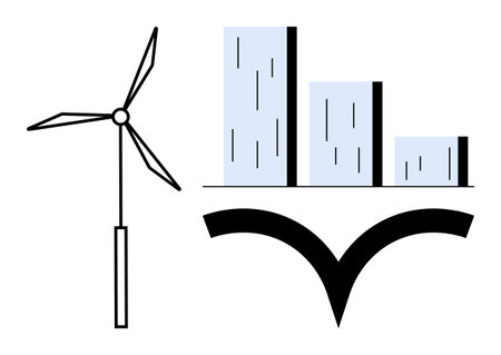 Wind turbine alongside a bar chart with a curved line underlining progress and sustainability. Ideal for energy, environment, innovation, clean technology, data, growth, statistics, simple flatのイラスト素材