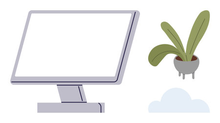 Desktop screen beside a potted plant and cloud. Ideal for tech, workspace organization, green initiatives, environment, digital tools, remote work, and balance. Simple flat metaphorのイラスト素材