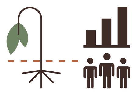 Wilting plant separated from a bar graph and three figures, symbolizing environmental impact on human efforts. Ideal for sustainability, environment, productivity, global impact, climate changeのイラスト素材