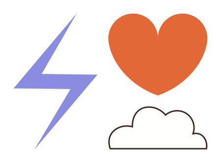 Purple lightning bolt, orange heart, and outlined cloud symbolize power, love, and calm. Ideal for energy, emotion, weather mindfulness simplicity nature and positivity. Simple flat metaphorのイラスト素材
