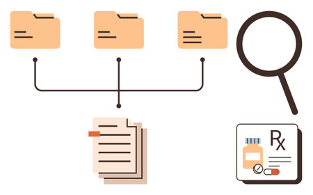 File folders connected with lines, magnifying glass, stacked documents, and prescription label. Ideal for data organization, healthcare, records analysis, pharmacy management, research medicalのイラスト素材