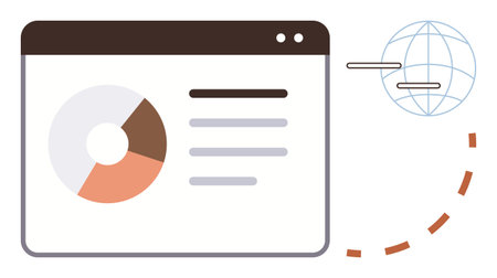 Browser window displaying pie chart and text, connected to a globe. Ideal for data analysis, global reach, business growth, web development, digital trends, communication minimal design. Clean flatのイラスト素材