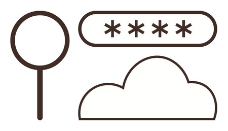 Magnifying glass, password field with asterisks, and cloud symbol emphasizing online protection. Ideal for cybersecurity, data privacy, network safety, cloud computing, access control, digitalのイラスト素材
