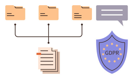 File folders connected to shared documents with a communication bubble and GDPR shield. Ideal for data protection, information flow, privacy policy, organization, digital security, compliance, simpleのイラスト素材
