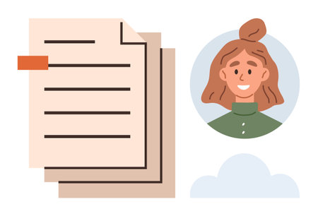 Stack of documents beside a smiling woman s circular portrait with a cloud and notes. Ideal for communication, teamwork, organization, personal profile, education, collaboration, and managementのイラスト素材