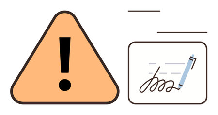 Orange triangular warning sign with exclamation mark beside a pen and signed document. Ideal for safety, caution, compliance, document review, signature approval, contracts, legal responsibilityのイラスト素材