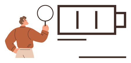 Individual holding magnifying glass inspecting a battery, focusing on power monitoring, energy, technology, efficiency. Ideal for sustainability, analysis, research, conservation renewable energyのイラスト素材
