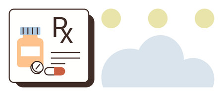 Medicine bottle, capsules, and Rx symbol alongside cloud graphics. Ideal for healthcare, telemedicine, pharmacy, prescription delivery, medical apps pharmaceutical services online wellness. Simpleのイラスト素材