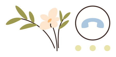 Elegant flower branch with subtle petals beside a circular outline of a vintage phone receiver and three dots. Ideal for communication, nostalgia, floral themes, simplicity, nature, connectionのイラスト素材