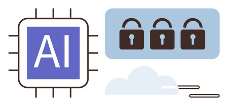 AI processor chip alongside three padlocks and cloud, symbolizing secure cloud computing, cybersecurity, data privacy. Ideal for AI, technology, cloud storage, software, innovation network securityのイラスト素材