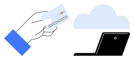 Hand holding a credit card, laptop icon, and cloud shape representing digital payment, cloud storage, e-commerce, technology, remote transactions, innovation, and secure data sharing in simple flatのイラスト素材