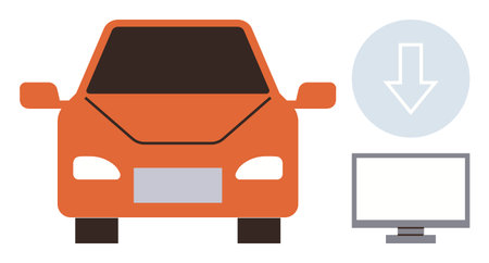 Orange car front with download icon and desktop screen, representing automotive software, tech diagnostics, fleet management, connectivity, repair scheduling, AI system integration, simple flatのイラスト素材