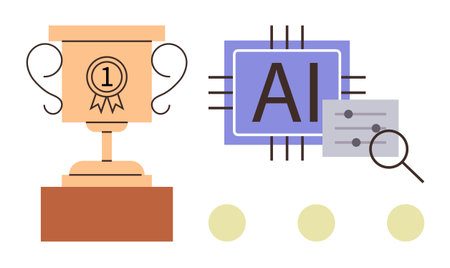 Golden trophy illustrating achievement next to AI chip, magnifying glass, and settings panel. Ideal for innovation, technology, success, education, research, competition and progress in a simpleのイラスト素材