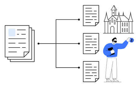 Documents connected by a workflow diagram to a building. Individual analyzing data and holding papers. Ideal for education, research, documentation, knowledge sharing, workflow management, digitalのイラスト素材