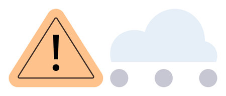 Orange triangle with exclamation mark next to a cloud with wheels. Ideal for warning, danger, weather, safety, transportation, hazards, risks. A simple flat metaphorのイラスト素材