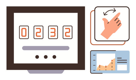 Digital counter display, hand gesture for swipe action, and graph analytics interface. Ideal for technology, data visualization, gestures, interaction, user interface, analytics minimal designのイラスト素材