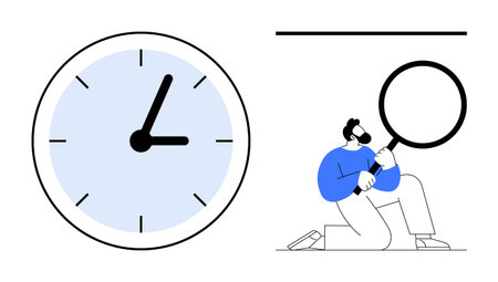 Large clock with minimal design beside a person holding a magnifying glass. Ideal for time management, productivity, scheduling, analysis, deadlines, efficiency, simple flat metaphorのイラスト素材