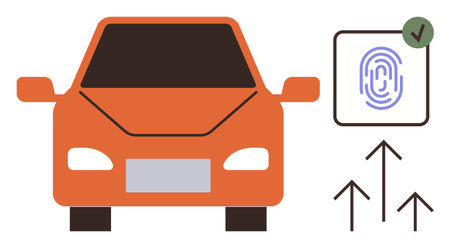 Orange car alongside verified fingerprint icon and upward arrows symbolizing biometric security, modern technology, innovation, data access, smart mobility, digital advancement, simple flat metaphorのイラスト素材