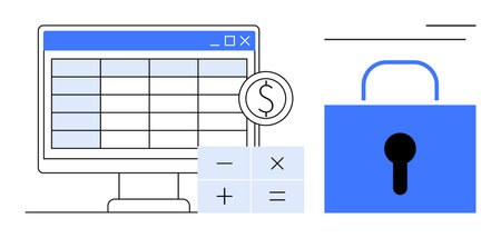 Computer screen displaying a spreadsheet, calculator, and dollar sign alongside a secure blue padlock. Ideal for finance, accounting, data security, cybersecurity, online banking, digitalのイラスト素材
