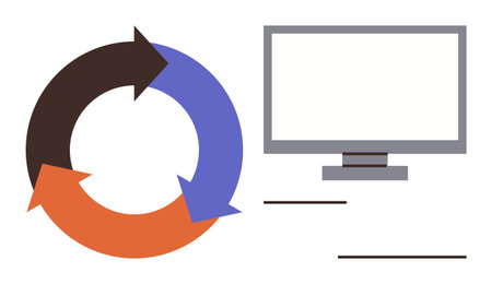 Arrow cycle diagram adjacent to a computer screen symbolizing continuous processes, data flow, and system optimization. Ideal for workflow, automation, technology, business, education, innovationのイラスト素材