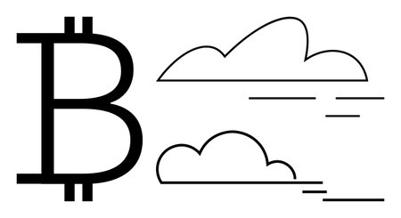 Large Bitcoin symbol beside two simple clouds with line accents. Ideal for blockchain, finance, digital currency, investment, innovation, economy, futuristic design. Clean flat metaphorのイラスト素材
